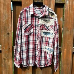 Quilted Fish Plaid Shirt Handstitched Upcycled One of a Kind - Levi's Size XL